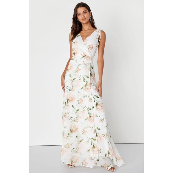 Lulus Romantic Possibilities Maxi Dress  white Floral Tie Straps Medium - Picture 1 of 14